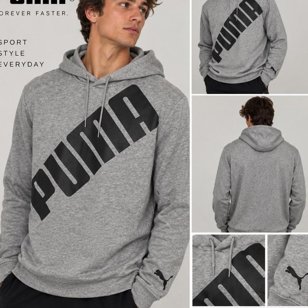 🩶 PUMA Gray Graphic Pullover Hoodie — Size L
